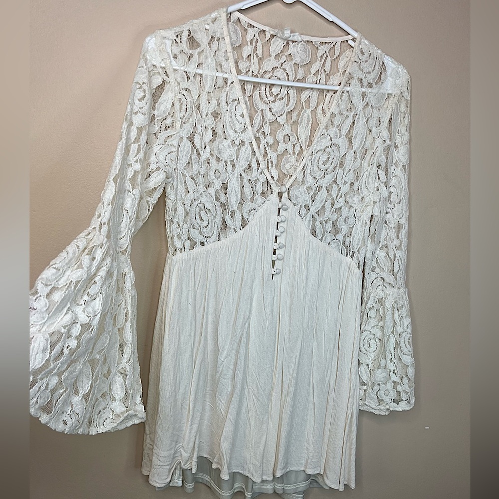 Cream Lace Babydoll mini dress- boho chic size Small